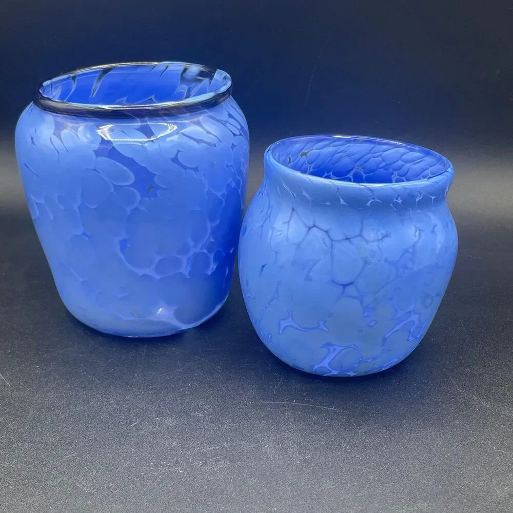 Vintage Blue Mottled Art Glass Tumbler Vase Set Hand Blown Rough Pontil Mark MCM